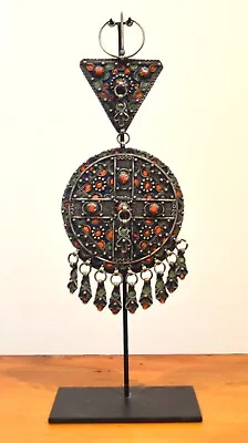 Large Antique Berber Silver Coral Enamel Fibula On Stand • $875