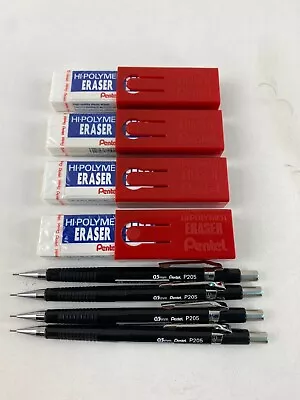 Pentel Sharp Mechanical Pencil 0.5Mm Black Barrel 4 Erasers Include P205A ZEH10 • $19.99