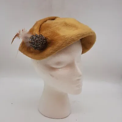 Mid Century Gold Faux Fur Hat G Fox & Co Beads Feathers Vintage Fashion Retro • $34.99