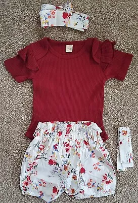 Baby Girls Floral 3 Piece Bodysuit Headband &  Short Set Red Age 3-6 Months • £5.99