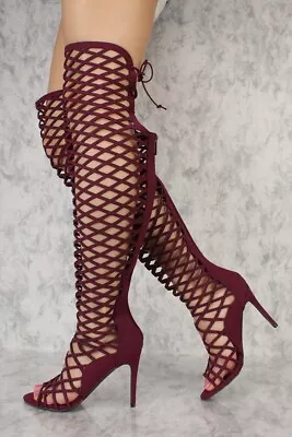 Wine Strappy Caged Knee High Gladiator Boots Stiletto Heel Pumps Sandals G30 • $29.99