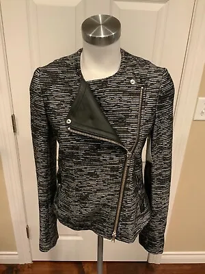 Theory Black & Silver Striped Zip-Up Moto Jacket W/ Leather Panel Size 4 (US) • $160.40