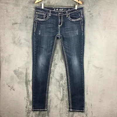 L.A. Idol Skinny Denim Size 13 Thick Stitch Distressed Flap Pockets 31.5  Inseam • $11.68