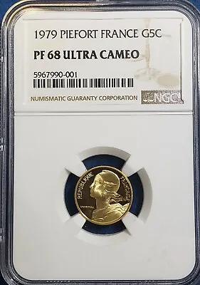 1979 France Piefort Proof Gold 5 Centimes NGC PF68 UC Rare Only 300 Minted • $1099.95