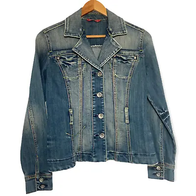 Vintage Italian 90s Blue Denim Jacket Small Size 8 10 Distressed Frayed Edges • £15