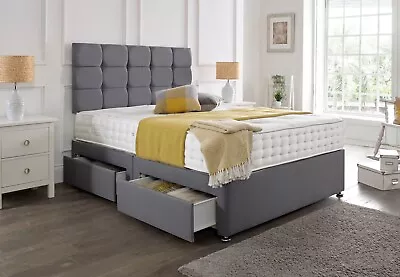 Luxury Grey Fabric Divan Bed Set With Mattress & Headboard 4ft6 Double 5ft King • £90.24