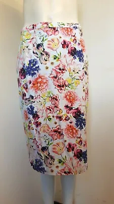 Cream Pink Multi Coloured Floral Stretch Pencil Skirt From Louche ~ Size 12 ~NEW • £12.99