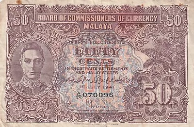 Malaya 50 Cents 1st July 1941 Banknote. • £1.99