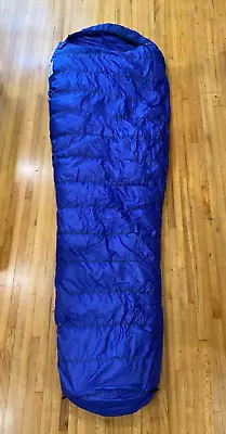 VTG MARMOT Mountain Works Goose Down Blue Mummy Sleeping Bag Right Zip 84” X 28” • $149.99