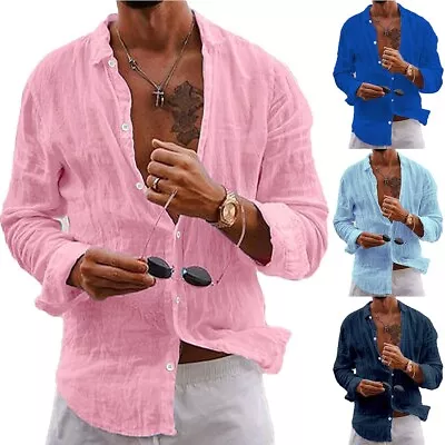 Mens Casual Cotton Linen Shirt Long Sleeve Loose Blouse Button Down Shirts-Tops • $24.76