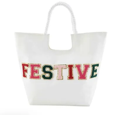 Mud Pie Large Christmas Tote Cotton Chenille Glitter Patch FESTIVE - White • $38