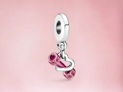 RETIRED Pandora Sterling Silver & Pink Enamel Dumbbell & Heart Dangle Charm • £28