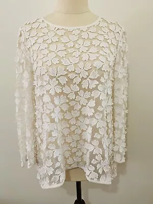 $79.95 • Buy Scanlan Theodore Women's Size S/M Ivory Sheer Mesh Floral Long Sleeve Top Blouse