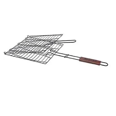 Barbeque Metal Fish Grill Non Stick Wooden Handle Holds 3 Fish 11 X 11 In • $25.98