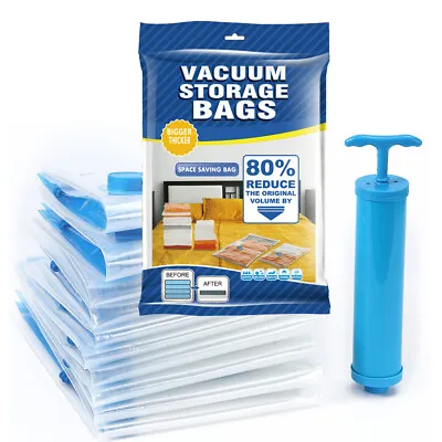 10 X Jumbo Vacuum Storage Bags Travel Space Saver Garment Seal Clothes Hand Pump • $16.99