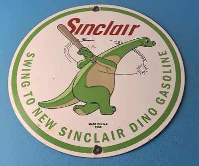 Vintage Sinclair Gasoline Sign - Baseball Dinosaur Porcelain Gas Oil Pump Sign • $139.47