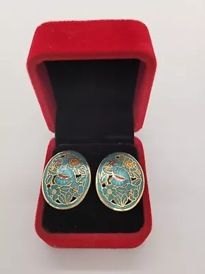  Vintage Earrings Cloisonne Enamel Flower Costume Jewelry Gold 80s  • $15