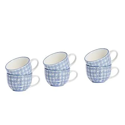 6x Hand-Printed Cappuccino Cups Japanese Porcelain Tea Coffee Cups 250ml Navy • £14