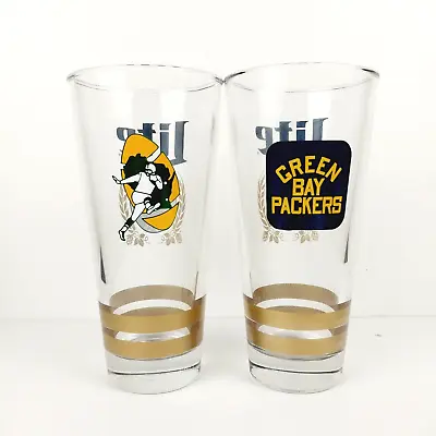 Two Vtg Miller Lite 8  Green Bay Packers Throw Back Logo Heavy 22oz Beer Glasses • $15.95