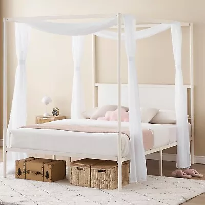 Queen Size Canopy Bed Frame Four Poster Bed With Wooden Headboard Platform White • $169.99