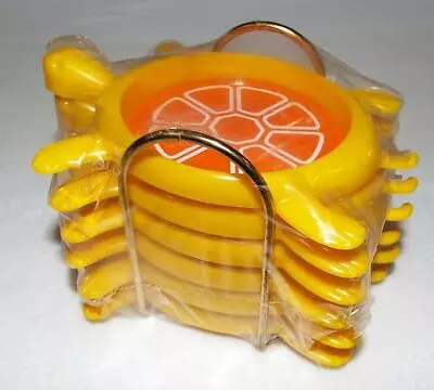 NOS 1967 6 Vintage MCM Retro Yellow Orange Turtle Flower Coasters Metal Holder • $25.44