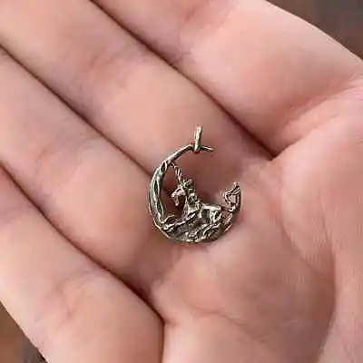 Vintage 925 Sterling Silver Crescent Moon Unicorn Pendant Bracelet Charm • $22.99