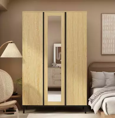 Wood Grain Armoire Wardrobe With Mirror Large Bedroom Closet Drawers Hanging Rod • $581.88