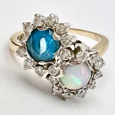 Vintage 14K Solid Yellow & White Gold Opal Sapphire Diamond .6ctw Ring Sz 7.75 • $475