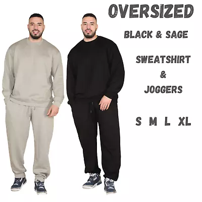 Mens Plain Tracksuit Fleece Sweatshirt Joggers Oversized Sweat Joggers 2PC SET • £15.99