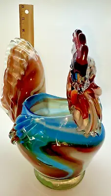 RARE Art Glass Murano Rooster 9 1/4”T Dish Bowl Statue BEAUTIFUL Condition HEAVY • $159.99