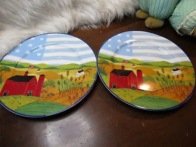 Gibson Home Warren Kimble Set Of 2 Dinner Plates Red Barn And Flag 10 5/8  • $25