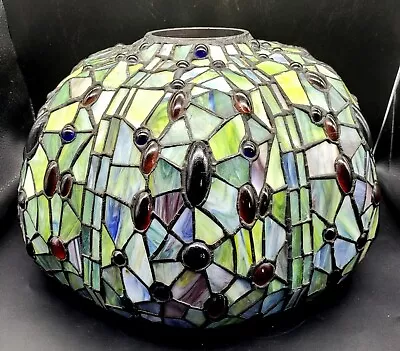 Quality Heavy Arts & Crafts Jeweled/Leaded Stained Slag Glass Lamp Shade 15  • $275