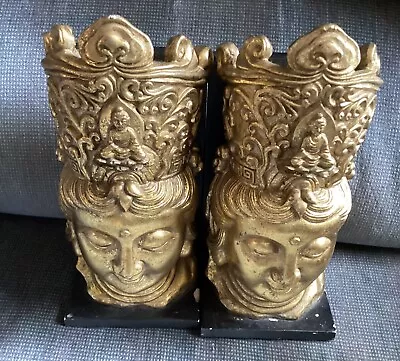 Oriental Chinese Japanese Gold Book Ends 10” Face And Crown Wood Resin • £52.96