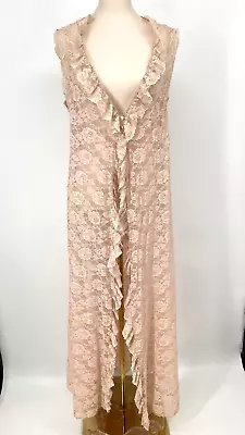 Vintage Glydons Beige Lace Sheer Long Robe Size M Floor Length Maxi Ruffle Nude • $55