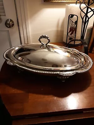 Vtg Silverplate 3 Qt Oval  Hostess  Covered Serving Dish W/Pyrex Insrt 20 X12.5  • $135.95