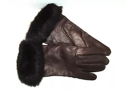 Brooks Brothers Brown Gloves Women's Leather & Rabbit Fur Cuff Cashmere Italy • $76