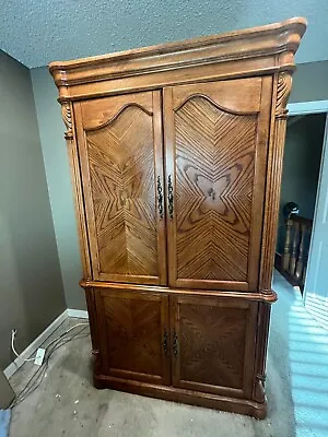 Two Piece Wood Inlay Design Carved Hardwood Tv-computer Cabinet • $75