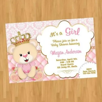 Princess Teddy Bear Baby Shower Digital Invitation Girl First Birhday Printable • £4.77