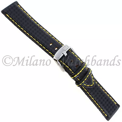 20mm Morellato Leather Carbon Fiber Grain Black Yellow Stitched Mens Watch Band • $26.95