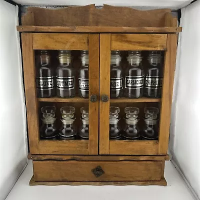 Vintage Wood Spice Rack Shelf W/ Drawer + 12 Labeled Glass Bottles Wall Hanging • $47.50