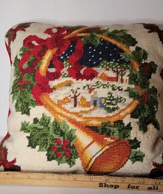 Vtg Needlepoint Christmas Pillow 12  Red Velvet Back • $20