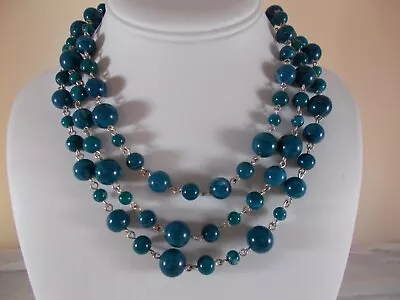 Dana Buchman Triple Strand Marbled Teal Color Bead Choker Necklace Free Shipping • $10