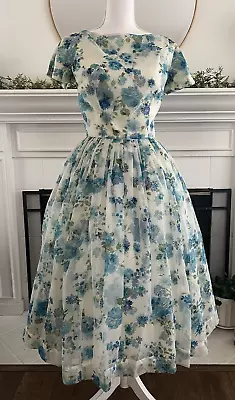 Vintage 50s Sz S White And Blue Floral Chiffon Full Skirt Pinup Bombshell Dress • $185.99