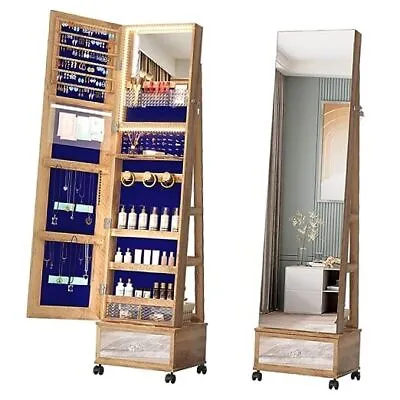  360° Swivel Jewelry Mirror Cabinet With Lights Standing Jewelry Armoire Blue • $207.07