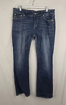 Miss Me Cross Studded Embroidered Back Pocket Easy Boot Blue Denim Jeans Sz 32 • $26.89