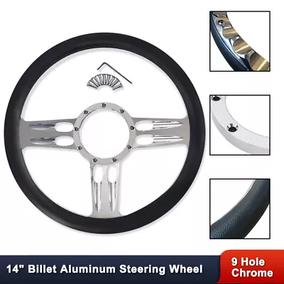 14  Chrome Billet Aluminum Bullet Steering Wheel 9 Holes Black Half Wrap Leather • $106.68