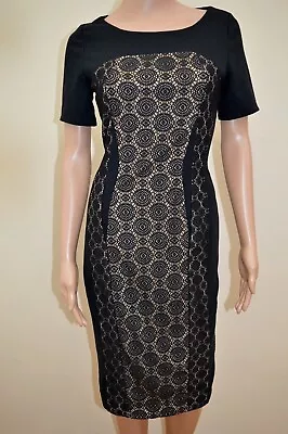 New M&S Collection Black & Beige Floral Circle Lace Panelled Dress  Sz UK 10 • £14.40