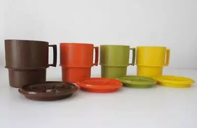 Tupperware Vintage Retro Stackable Mugs Lids / Coasters Autumn Harvest Set Of 4 • $59.95