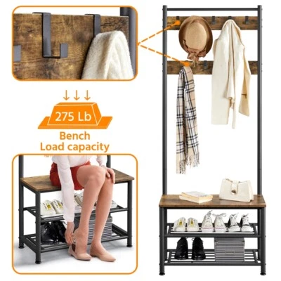 $63.80 • Buy 73  Metal Hall Tree With Shoe Storage Bench Entryway Coat Rack 9 Metal Hooks