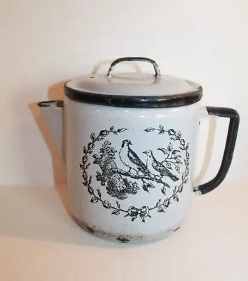 Vintage Gray Enamel Metal Coffee Pot With IOD Birds On Front (Black Handle) • $28.99